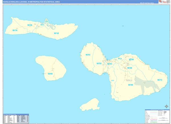 Kahului-Wailuku-Lahaina Metro Area Wall Map Basic Style